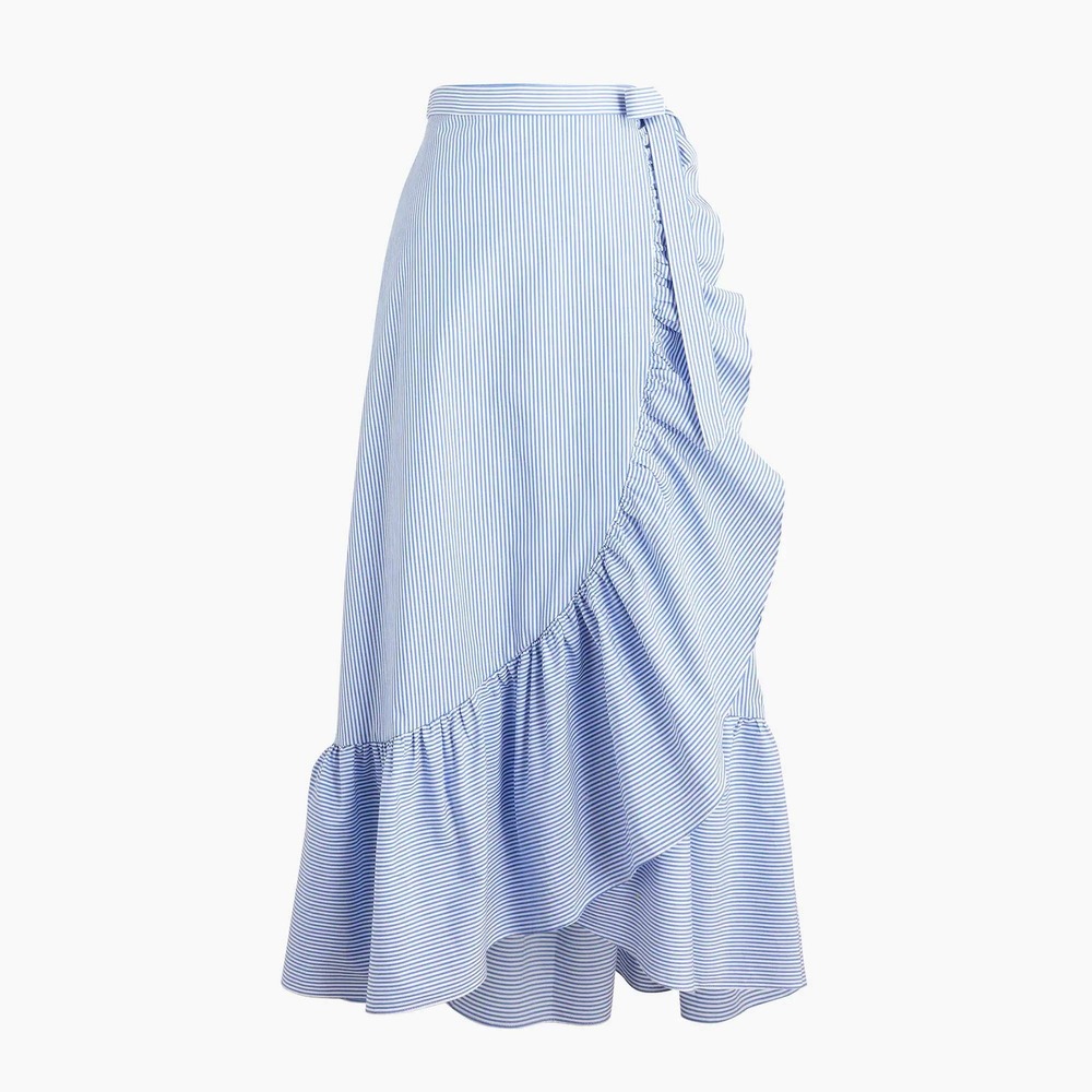 J.Crew Blue White Pinstripe Ruffle Wrap Midi Skirt AL206 Womens 14 Tie Waist